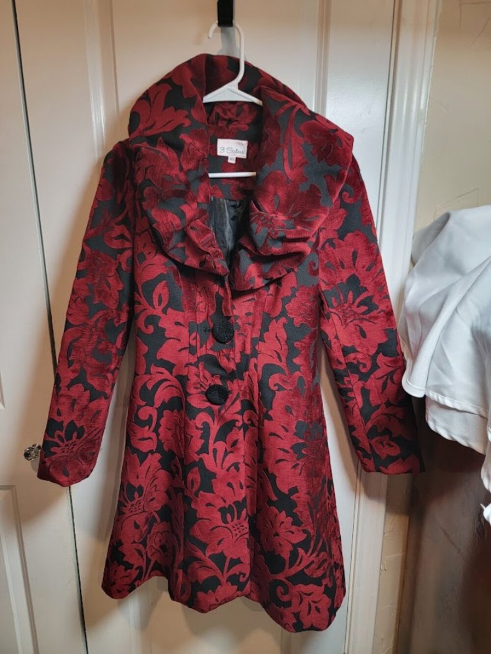 3 Sisters Red Black Floral Brocade Coat Women's XS Jacquard Ruffle Collar Dressy